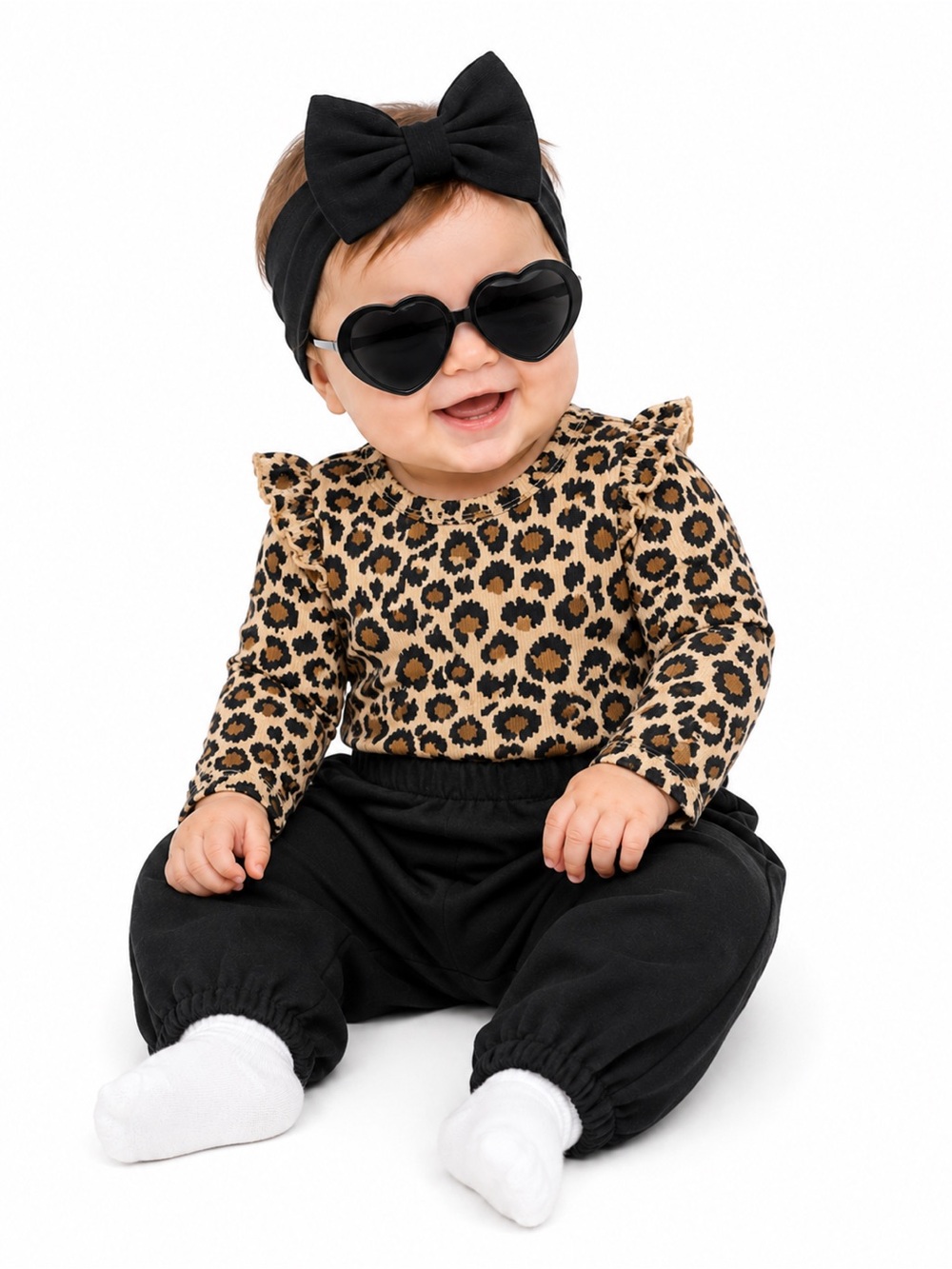 NEW - 4PC Rachel Zoe Leopard Print Onesie w Black Pants, Sunglasses & Hair Bow